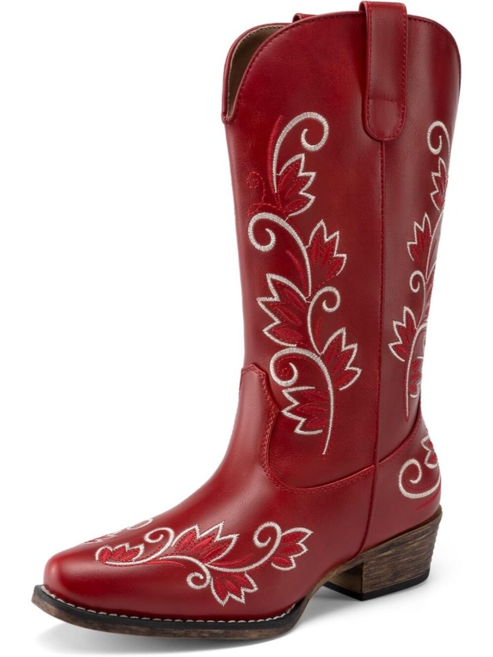 Women's Red Faux Leather Cowboy Cowgirl Western Mid Calf Boot